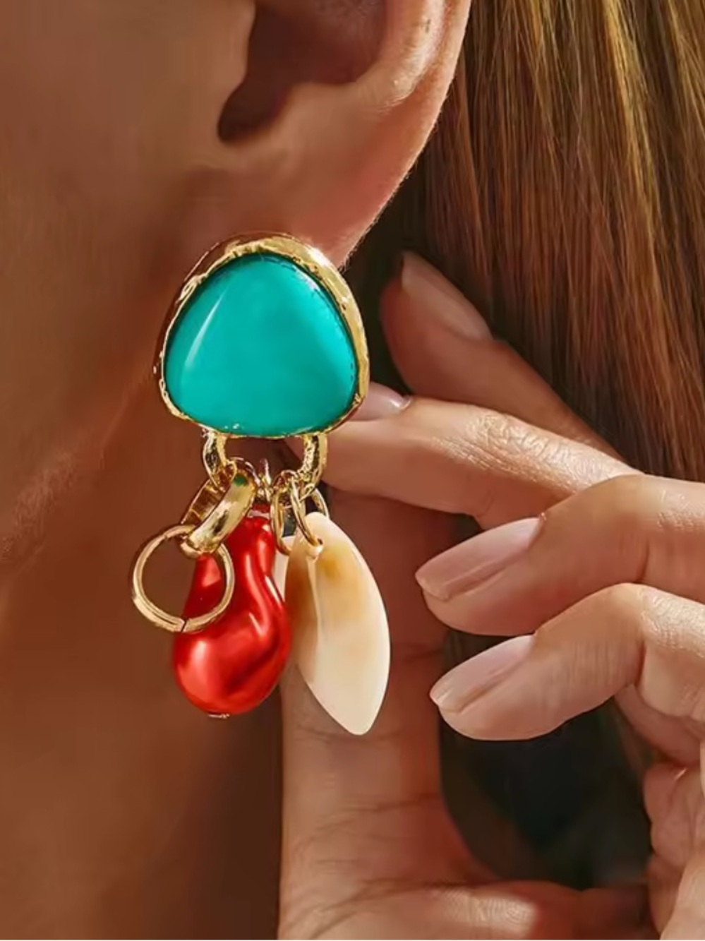Anthropologie Gold-Tone Earrings with Turquoise, Red and Cream Accents - Picture 2 of 5